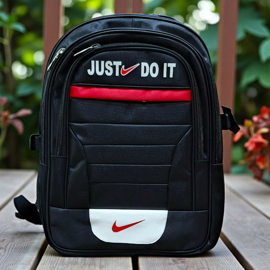 Fixed Price Shop black Just DO IT school backpack with red and white accents, multiple compartments, and durable nylon.