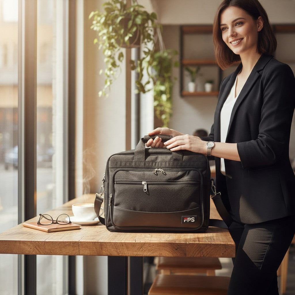 Fixed Price Shop professional black laptop bag made of durable parachute material on a wooden office desk