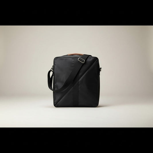 Fixed Price Shop black nylon duffle bag with brown leather handle and adjustable shoulder strap, featuring side pockets.