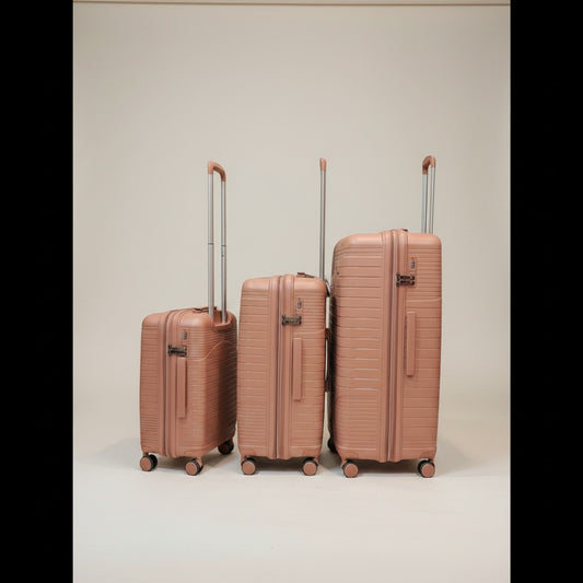 Fixed Price Shop Minister 3-piece rose gold luggage set with expandable capacity and 360" wheels, made of durable PP.