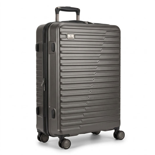 Fixed Price Shop Antler grey polycarbonate hard-shell suitcase with four spinner wheels and TSA-approved lock.