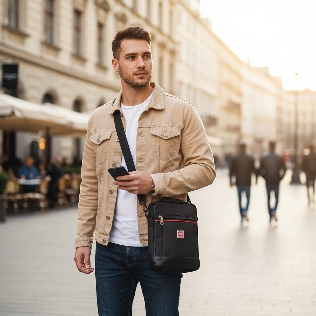 Fixed Price Shop black nylon crossbody messenger bag with faux leather base and red accents, adjustable strap.