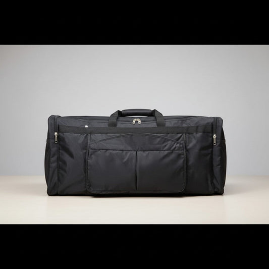 Fixed Price Shop black nylon duffle bag with multiple zippered pockets and comfortable handles, ideal for travel.