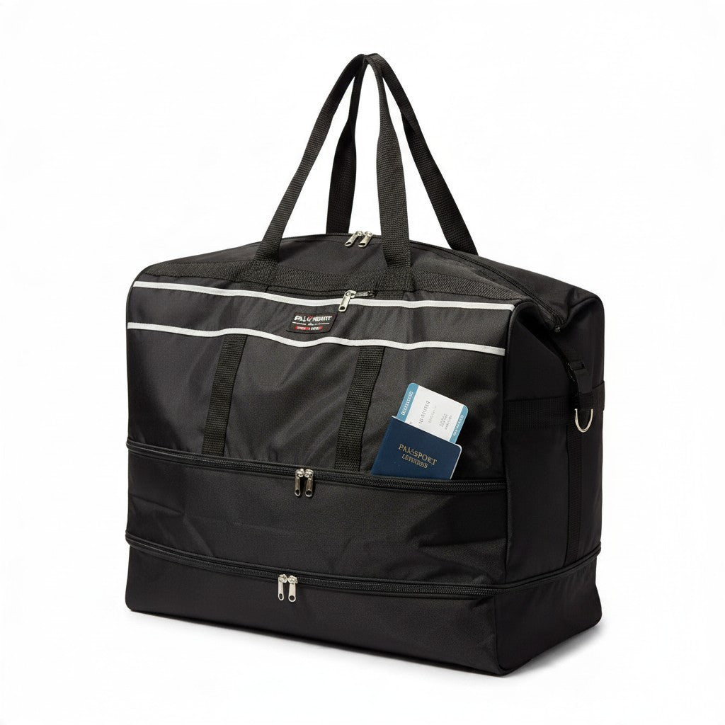 Fixed Price Shop 24 inch black foldable duffle bag made of parachute material with lockable zippers and solid base.
