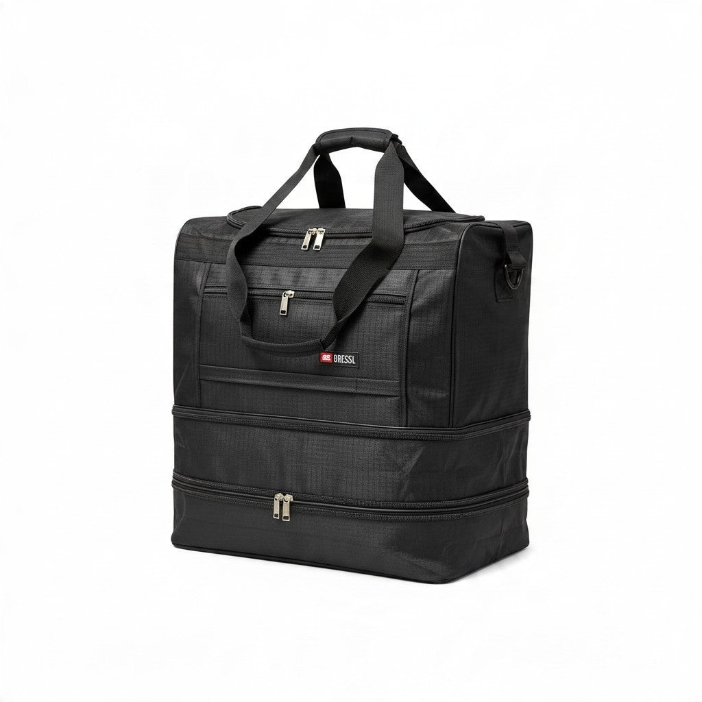 Fixed Price Shop 20 inch black foldable duffle bag made of durable parachute material with expandable zip compartments.