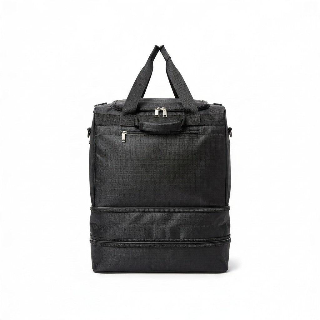 Fixed Price Shop 20 inch black foldable duffle bag made of durable parachute material with expandable zip compartments.