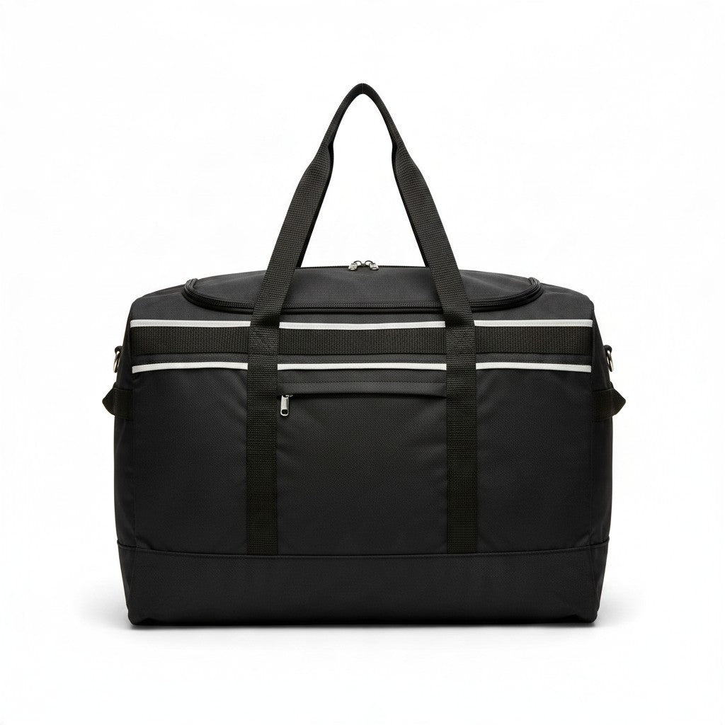 Fixed Price Shop 24 inch black foldable duffle bag made of durable parachute material with lockable zippers.