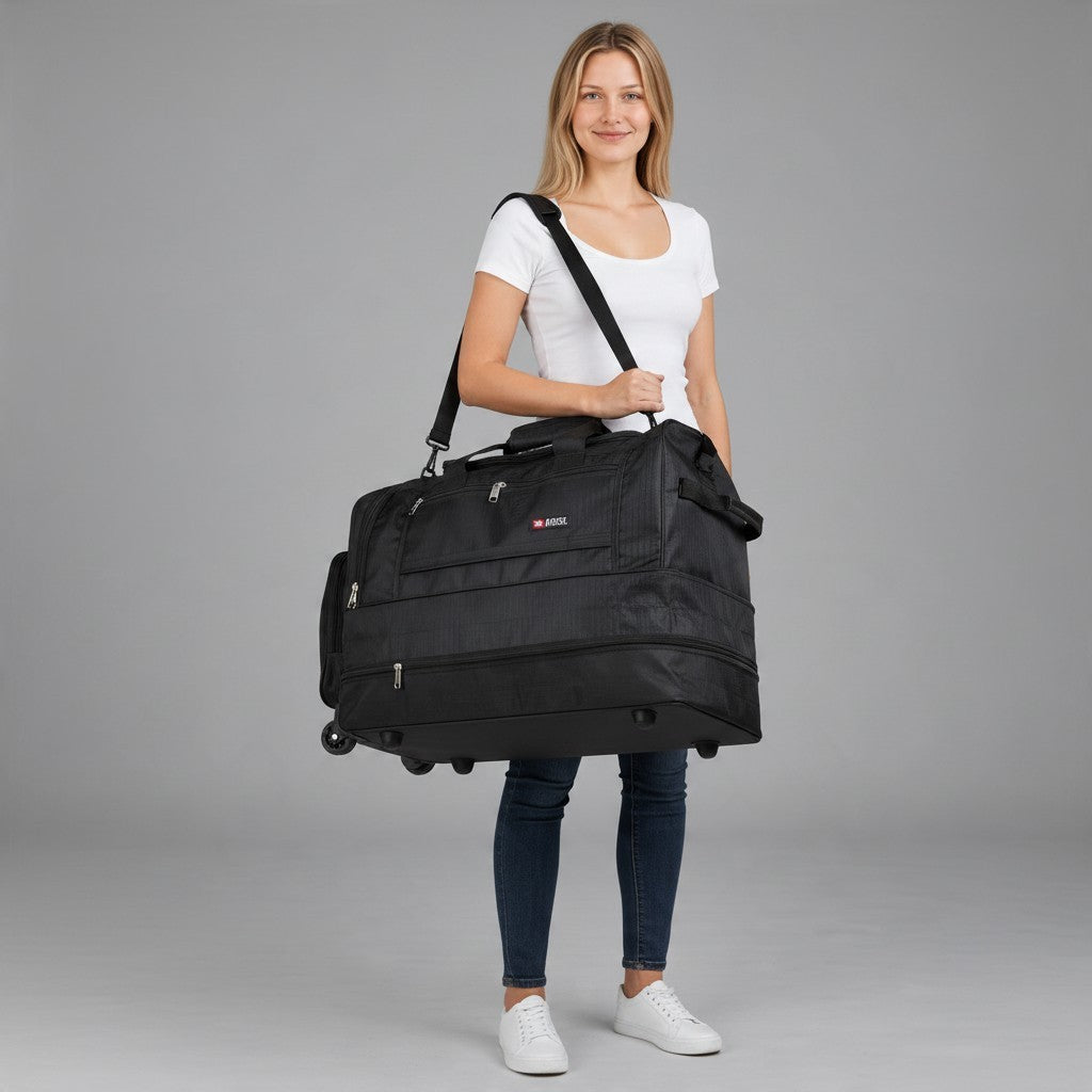 Fixed Price Shop 20 inch black foldable parachute duffle bag with wheels and lockable zippers carried by a woman.