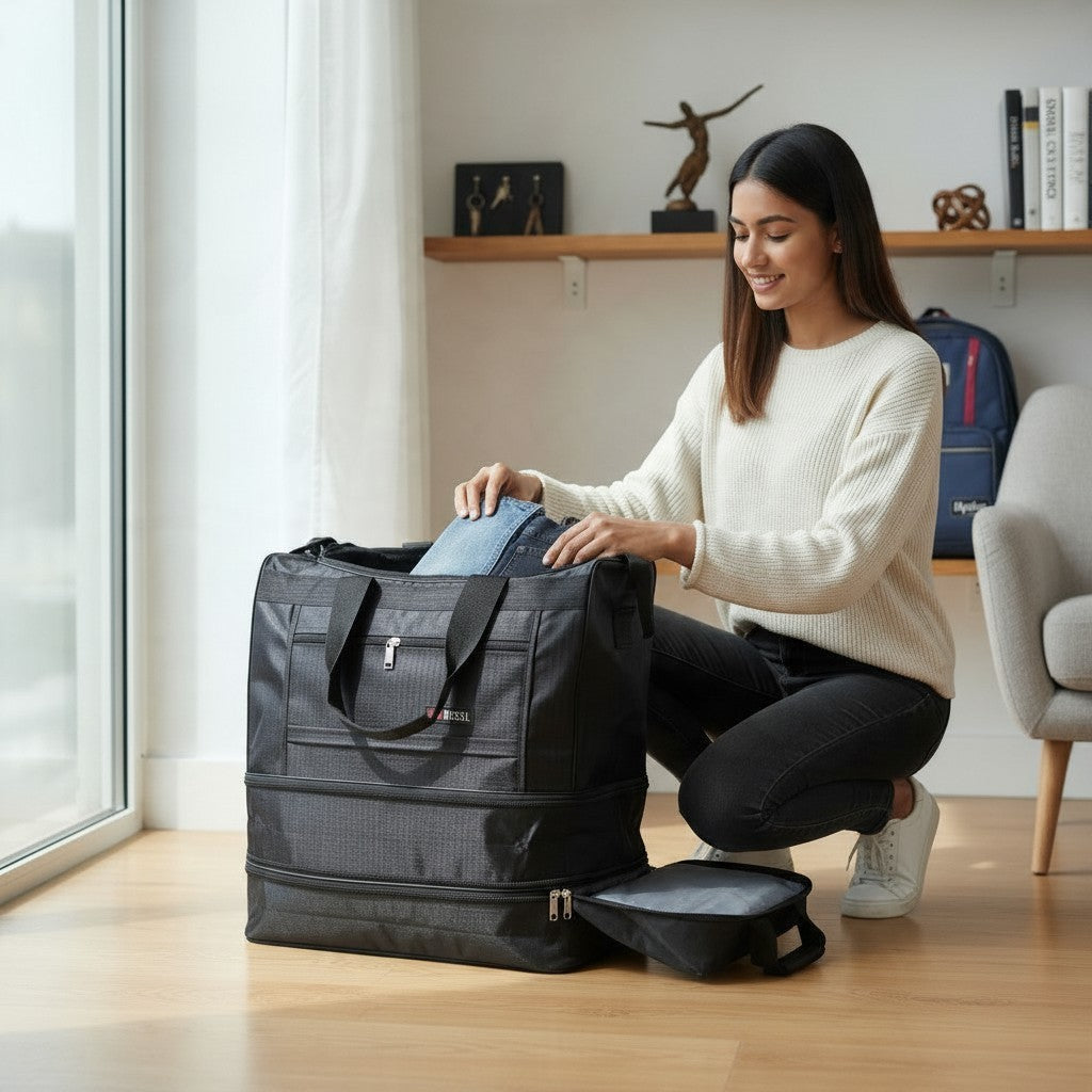 Fixed Price Shop 20 inch black foldable parachute duffle bag with expandable zip capacity being packed by a woman.