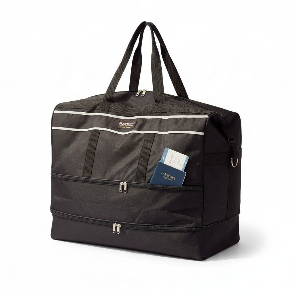 Fixed Price Shop 24 inch black foldable duffle bag made of parachute material with lockable zippers and solid base
