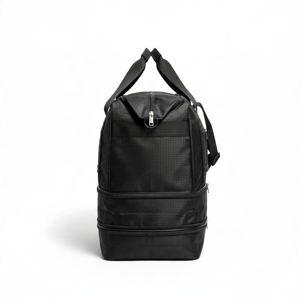 Fixed Price Shop 20 inch black folding duffle bag made from durable parachute material with expandable zip base.