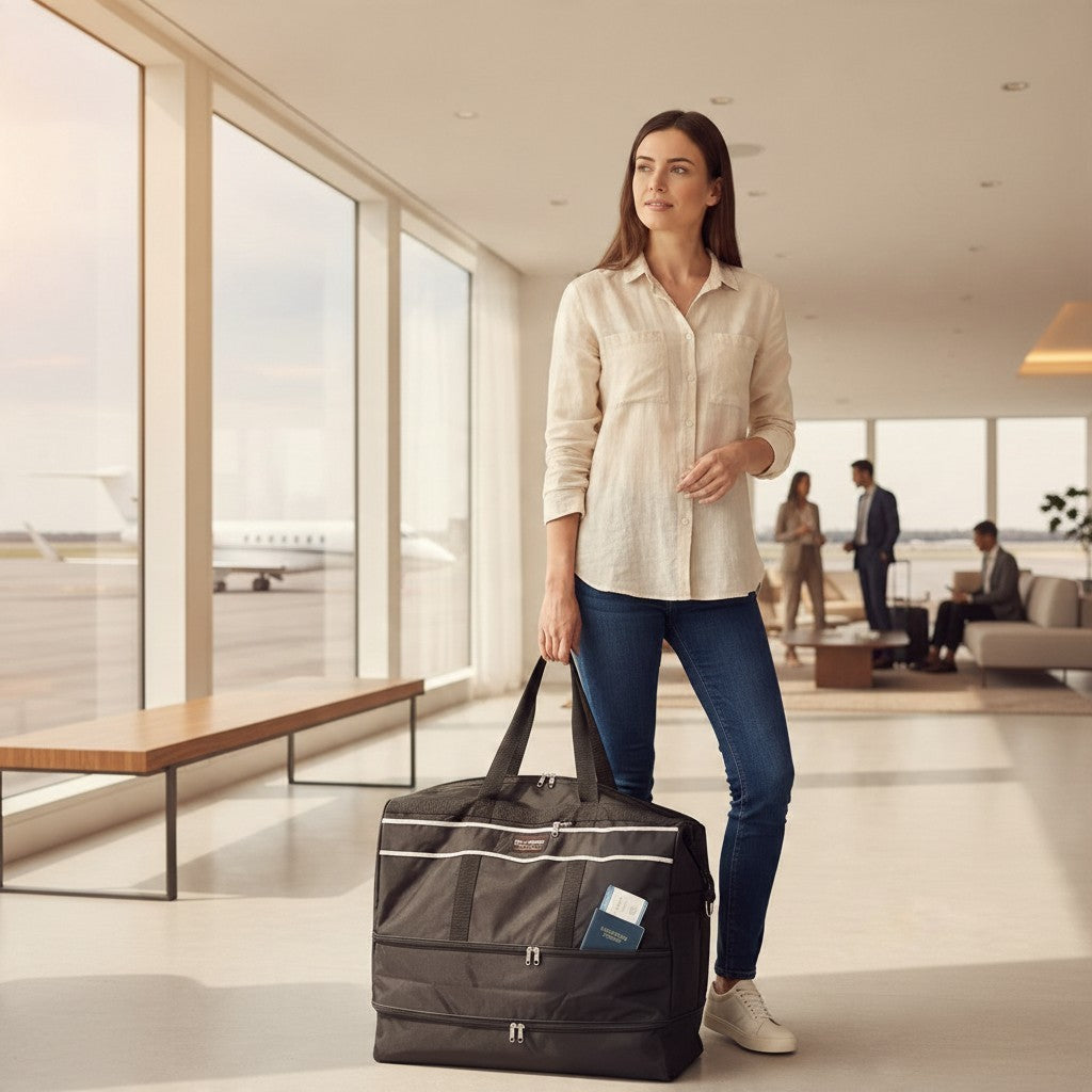 Fixed Price Shop 24 inch black foldable parachute duffle bag with lockable zippers held by a woman in an airport