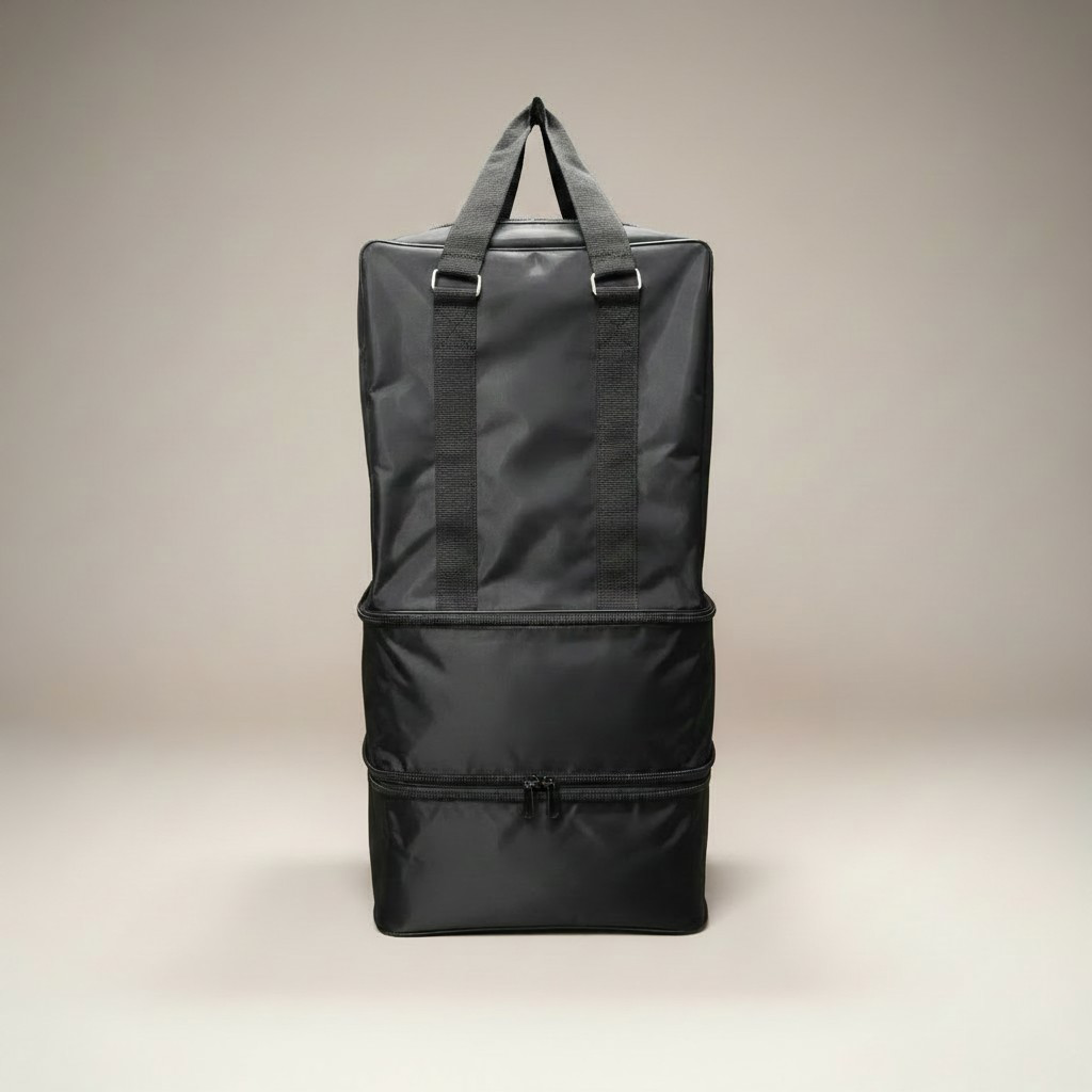 Fixed Price Shop 20 inch black folding duffle bag made of durable parachute material with expandable zip capacity.