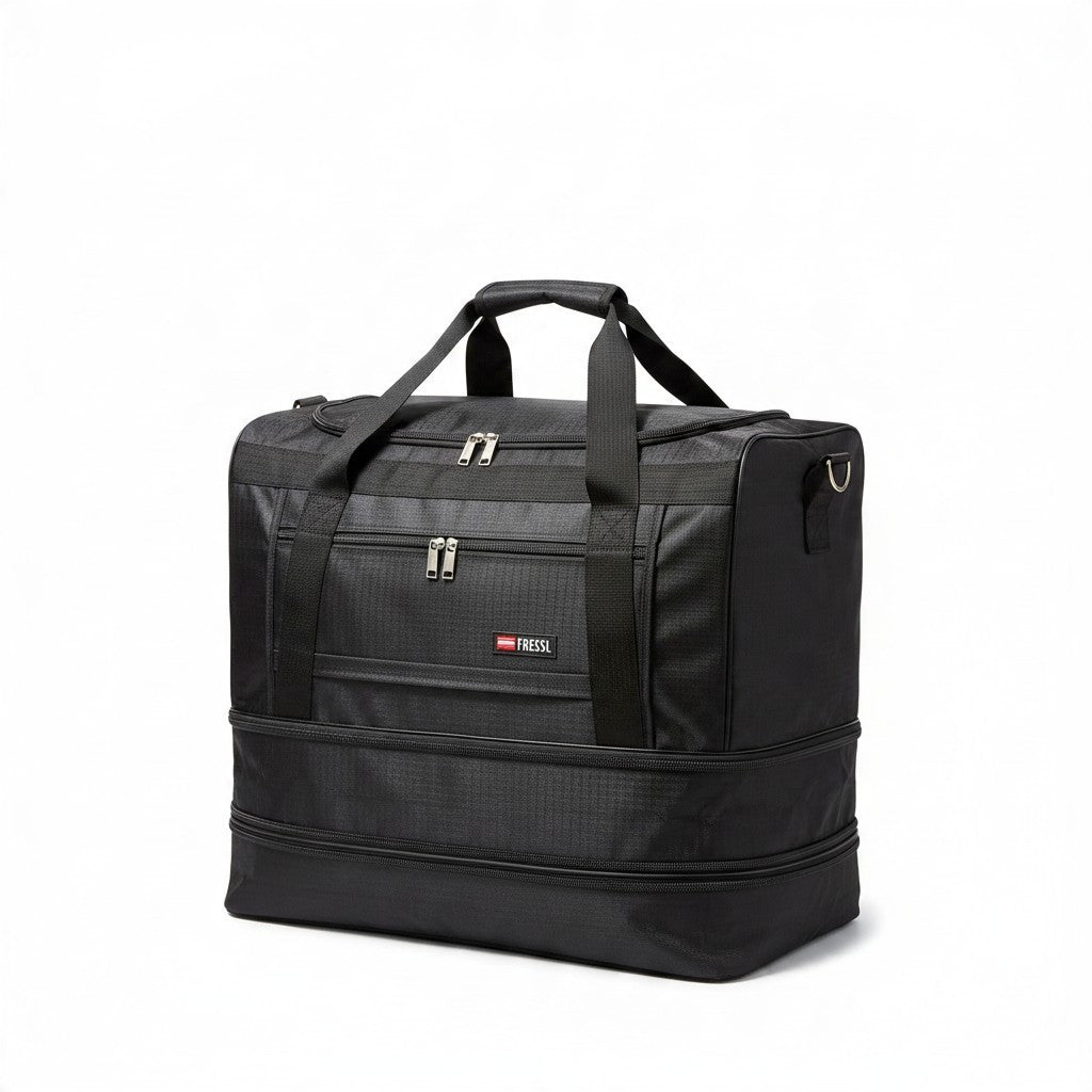 Fixed Price Shop 20 inch black foldable duffle bag made of durable parachute material with expandable zip capacity.
