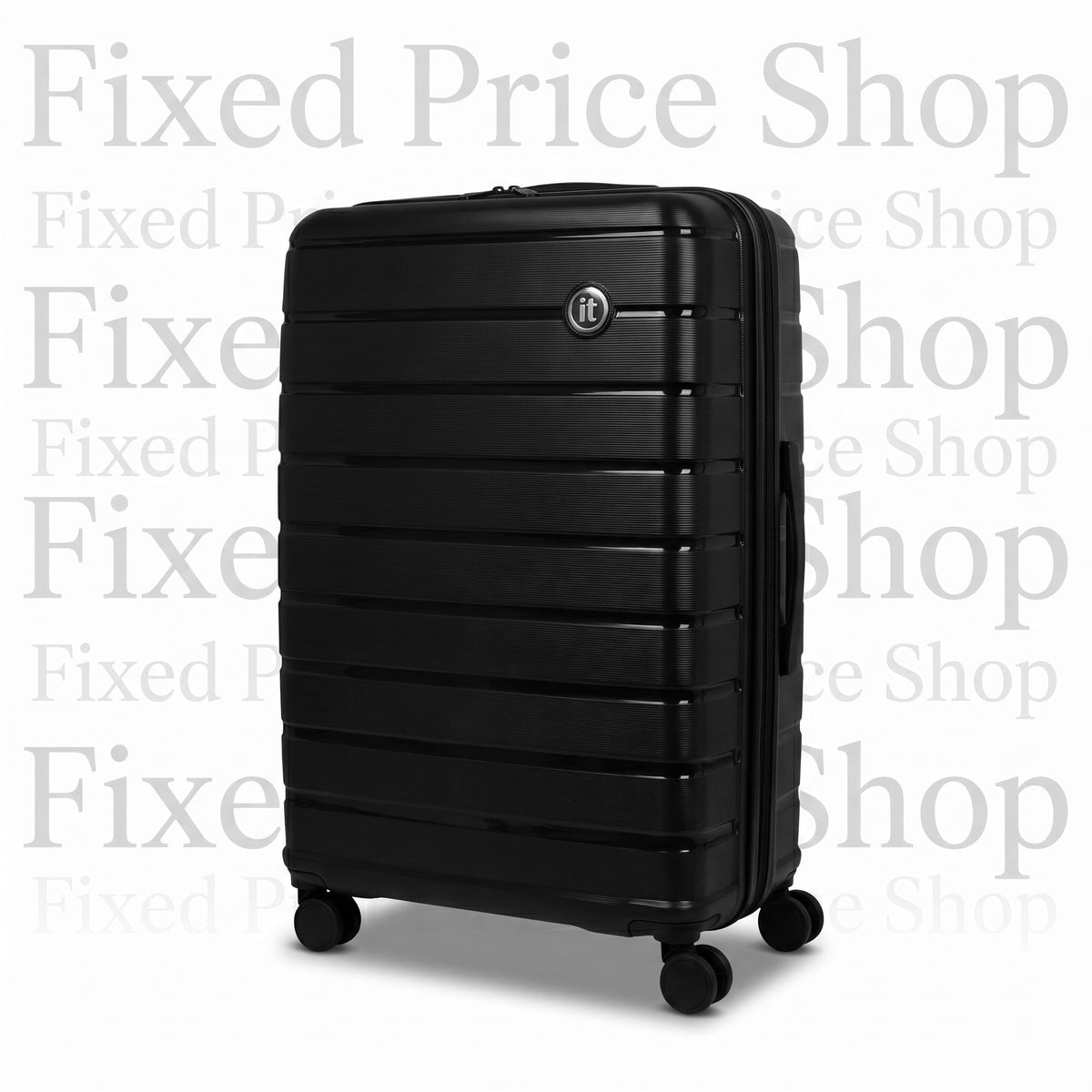 Fixed Price Shop black hard-shell spinner suitcase with horizontal ribbed design and 360-degree wheels