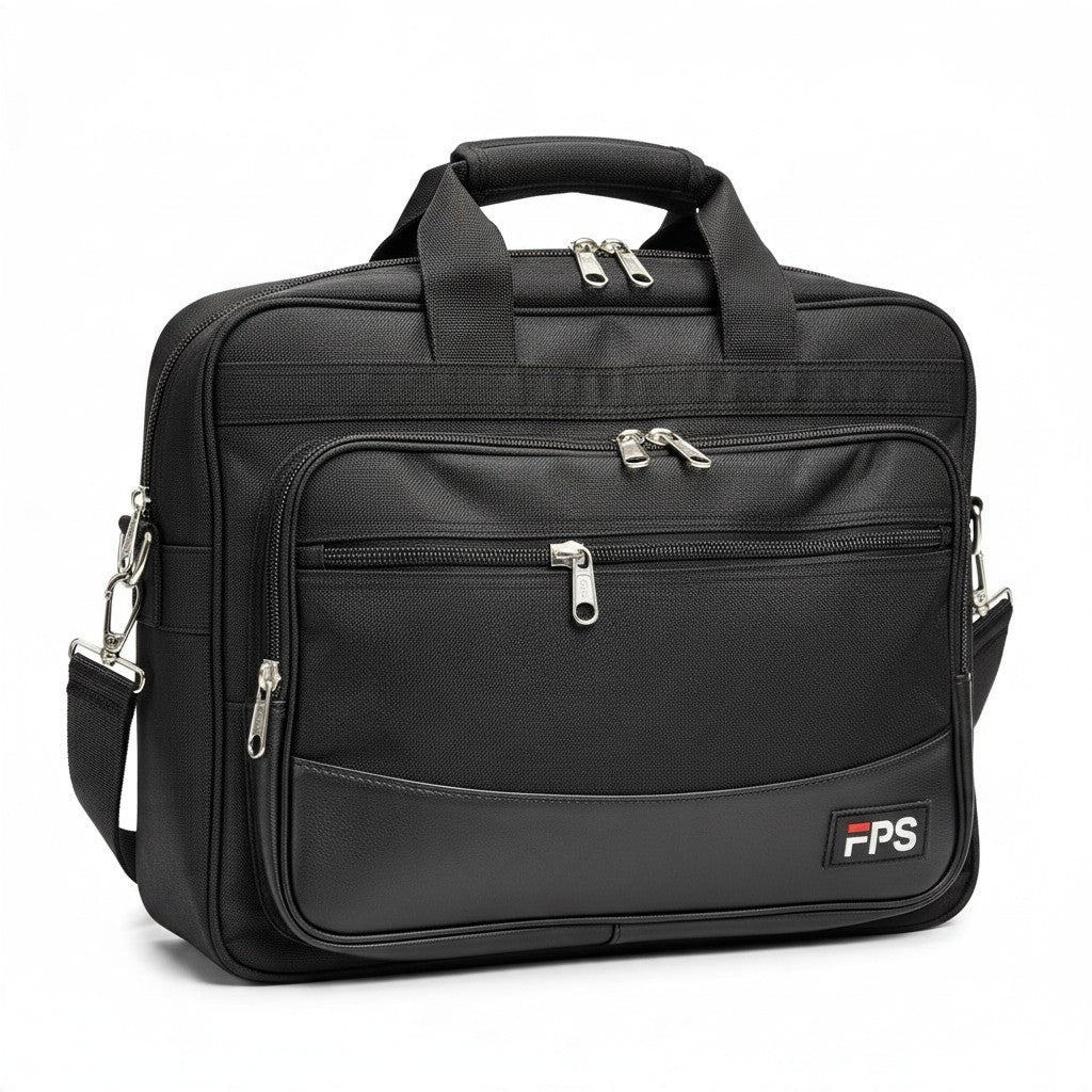 Fixed Price Shop black parachute material laptop bag with foam padding, front zipper pockets, and durable stitching.