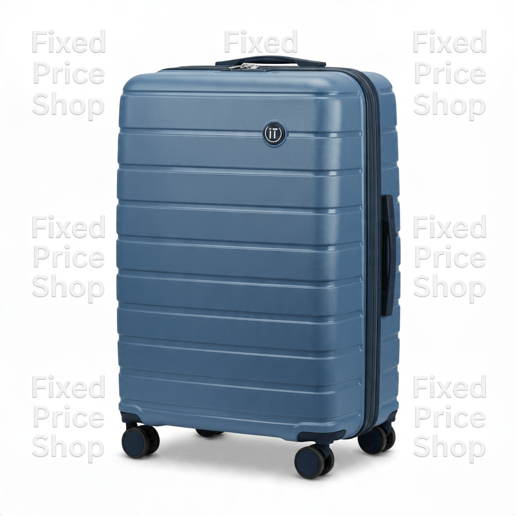 Fixed Price Shop blue hard-shell spinner suitcase with horizontal ribbed design and 360-degree wheels