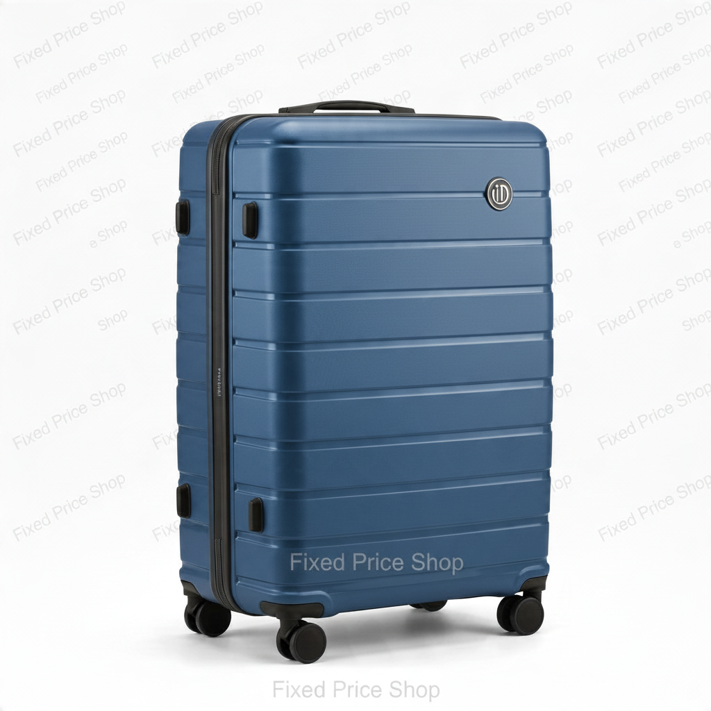 Fixed Price Shop blue hard-shell spinner suitcase with horizontal ribbed design and 360-degree wheels