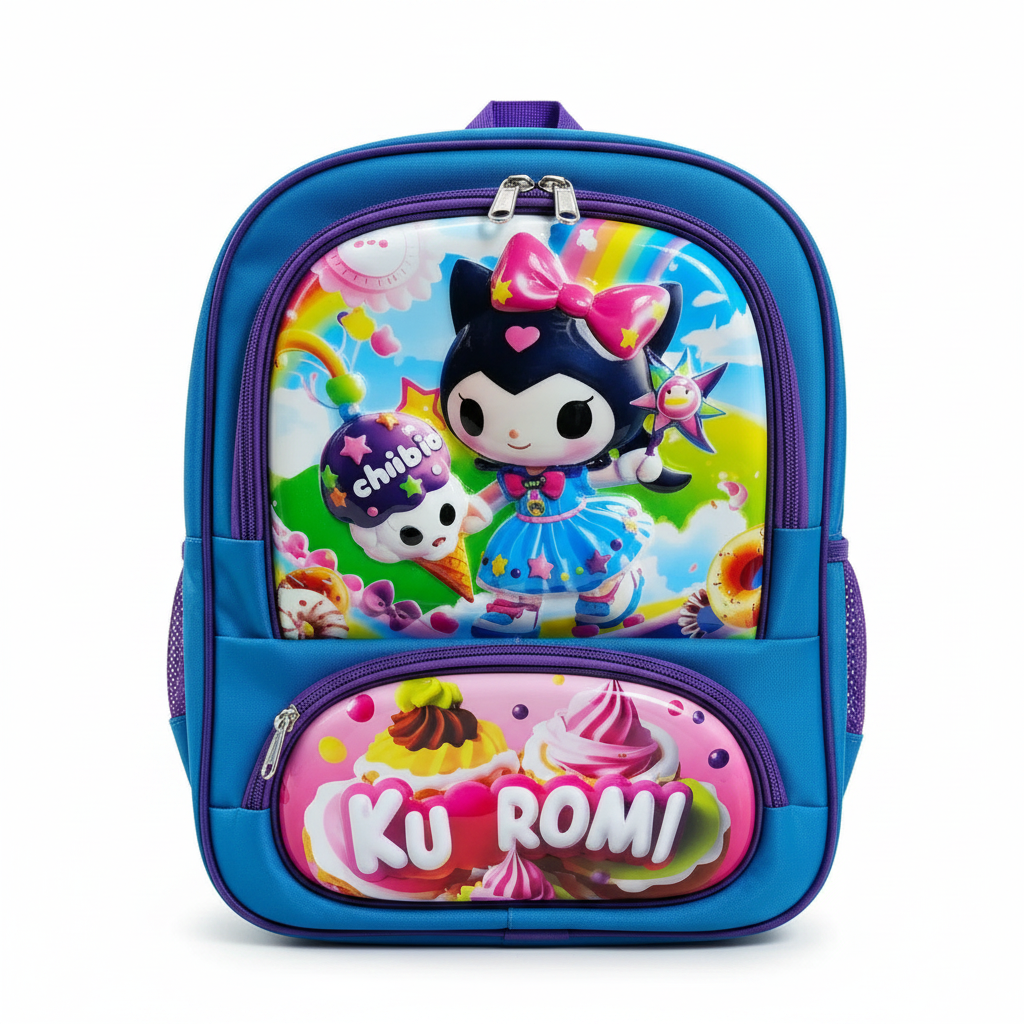 Fixed Price Shop blue embossed Kuromi school backpack with a colorful cartoon character design and front pocket.