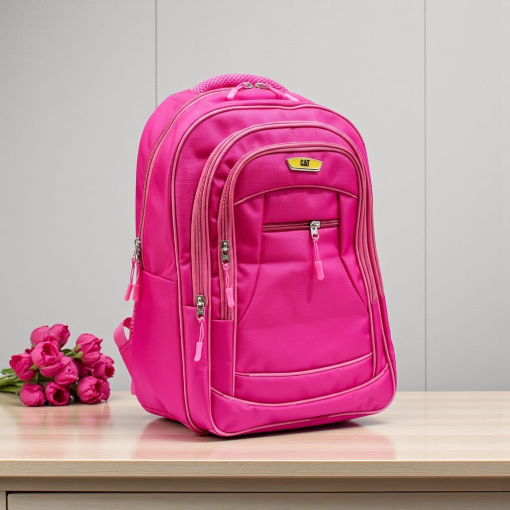 Fixed Price Shop CAT School Bags Vivid in bright pink nylon with multiple compartments and a front logo patch.