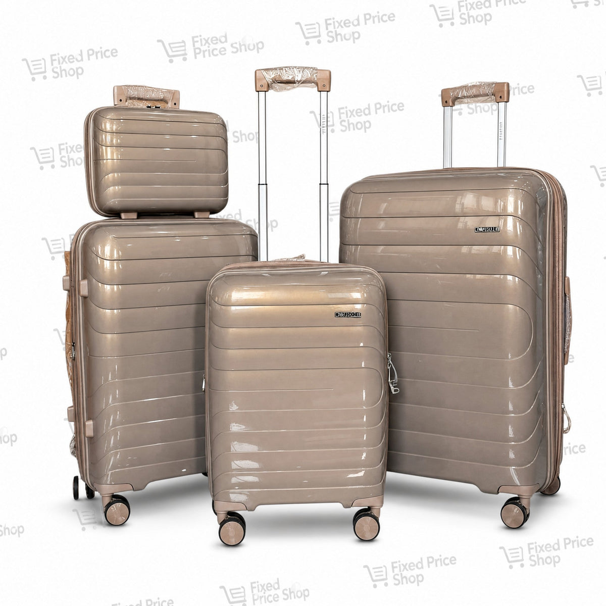 Fixed Price Shop Dovelle beige PP luggage set including three suitcases and a makeup box with TSA locks.