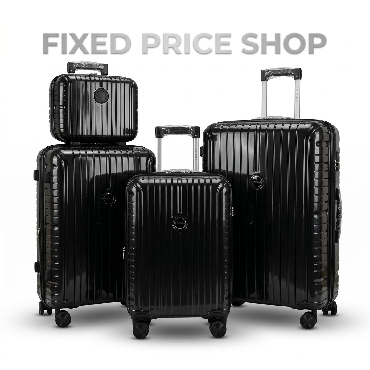 Fixed Price Shop Dovelle black PP luggage set featuring expandable hardshell suitcases with TSA locks