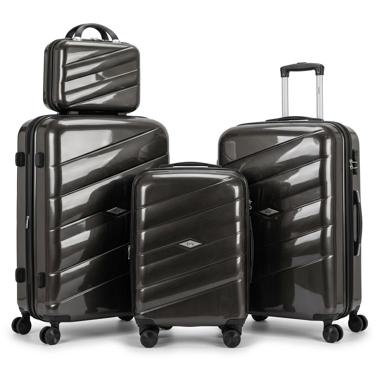 Fixed Price Shop Dovelle dark grey PP luggage set with three suitcases and a matching makeup box on a white background