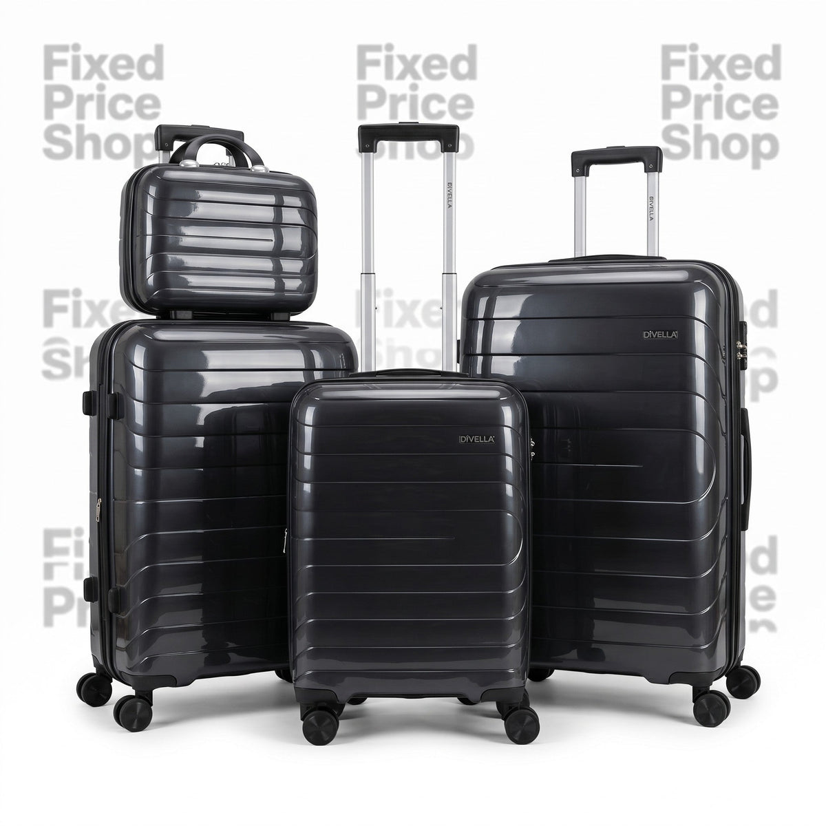 Fixed Price Shop Dovelle dark grey PP luggage set including three suitcases and a matching makeup box