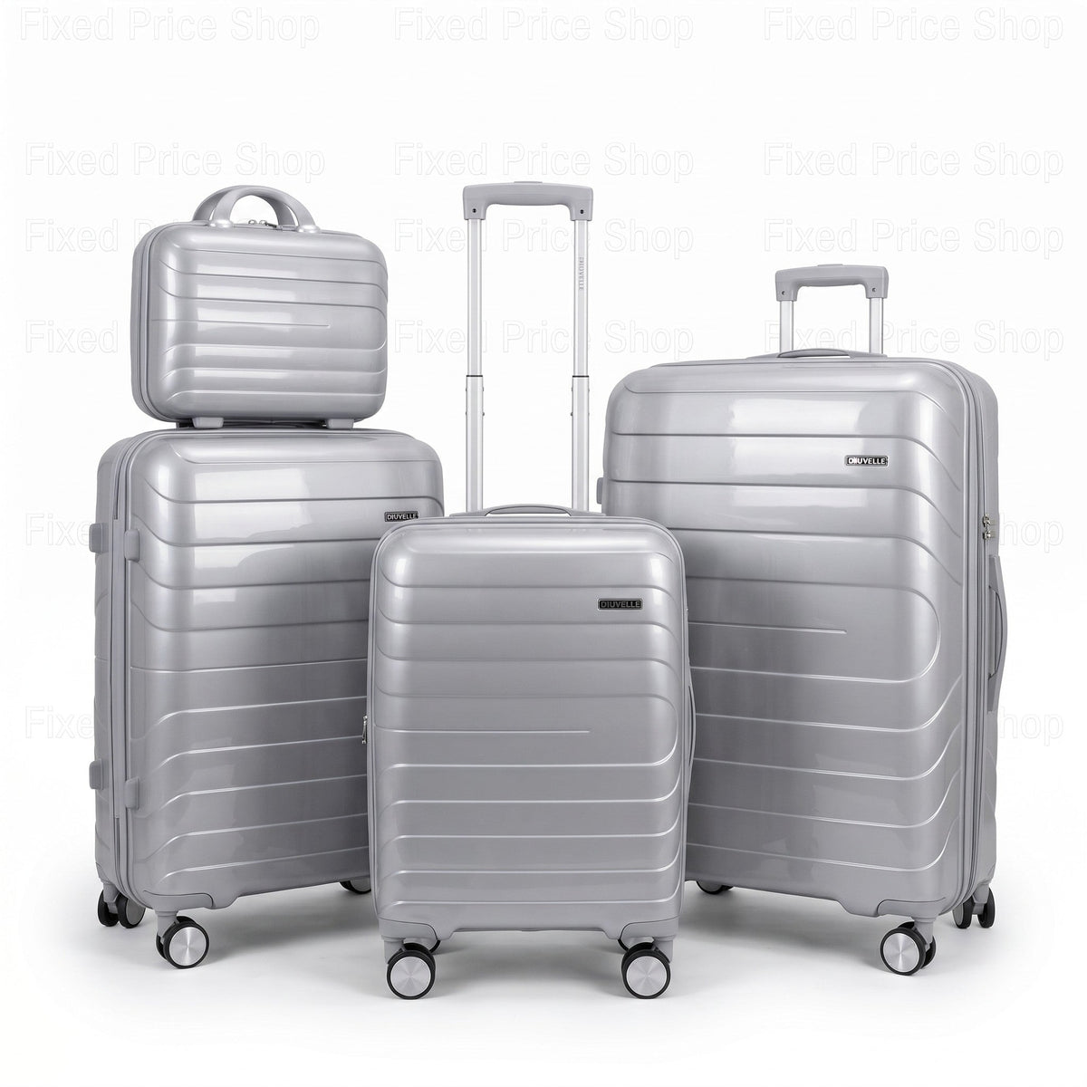 Fixed Price Shop Dovelle silver PP luggage set including three suitcases and a matching makeup box with TSA locks.