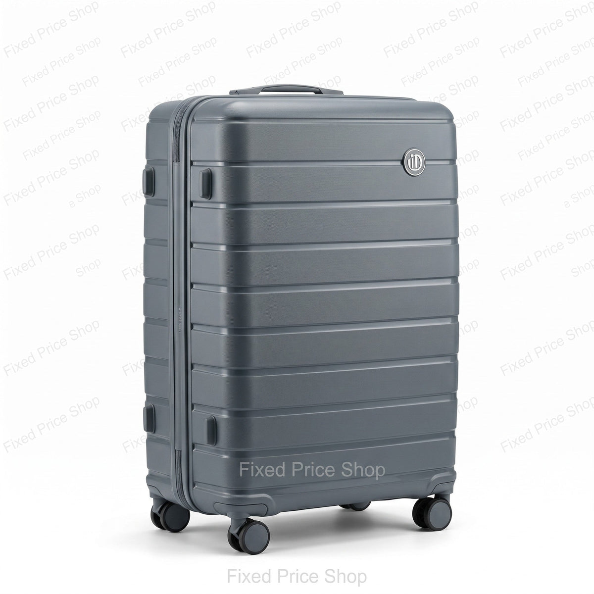 Fixed Price Shop grey hard shell spinner suitcase with horizontal ribbed design and 360-degree wheels