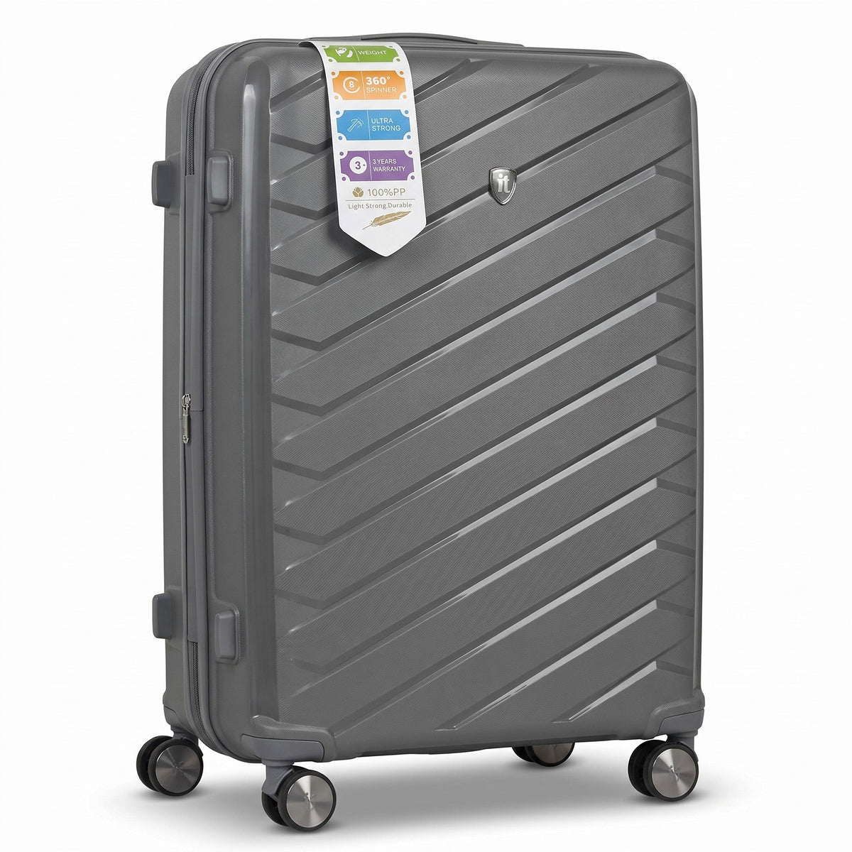 Fixed Price Shop IT Luggage grey PP trolley suitcase with 360-degree spinner wheels and diagonal textured shell