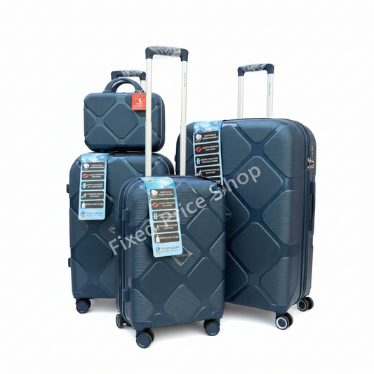 Fixed Price Shop Instagon 3-piece navy blue polypropylene luggage set with beauty box, TSA locks, and spinner wheels.