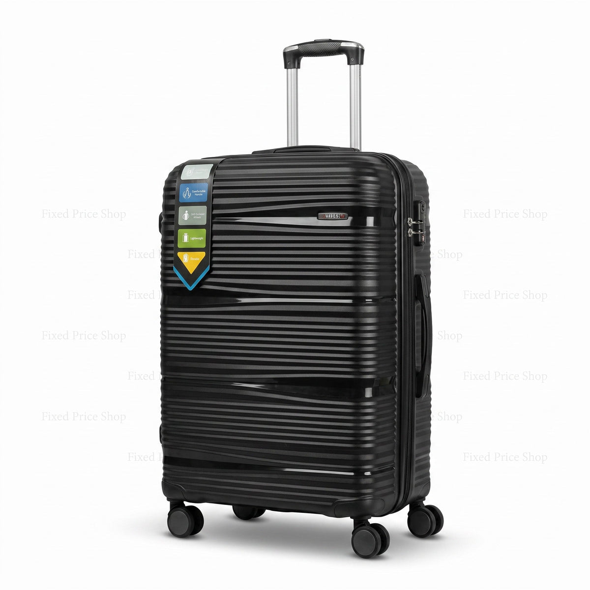Fixed Price Shop K-Swiss black hardcase luggage with 360-degree wheels, TSA lock, and durable ribbed PP shell.