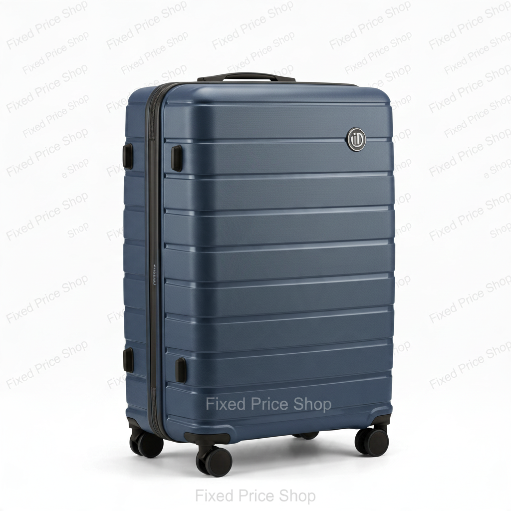 Fixed Price Shop blue hard shell spinner suitcase with horizontal ribbed design and 360-degree wheels