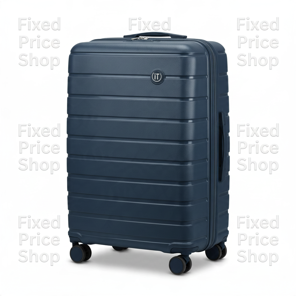 Fixed Price Shop navy blue hard shell spinner suitcase with horizontal ribbed design and 360-degree wheels