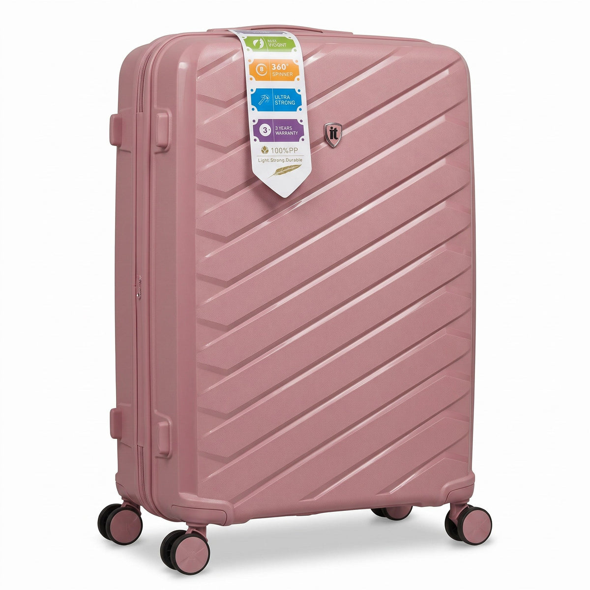 Fixed Price Shop IT Luggage pink hardshell trolley with diagonal textured pattern and 360-degree spinner wheels