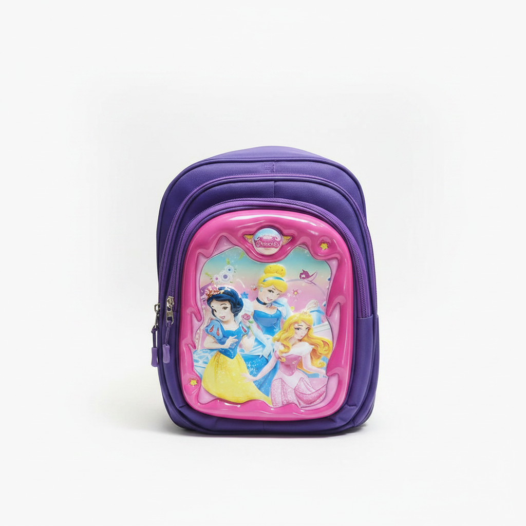 Fixed Price Shop purple Disney princess embossed school bag with a 3D character front panel and multiple compartments.