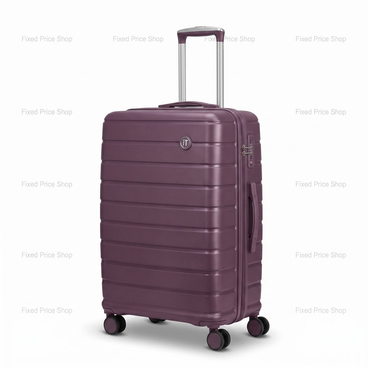 Fixed Price Shop purple hard shell spinner suitcase with horizontal ribs, telescopic handle, and 360-degree wheels.