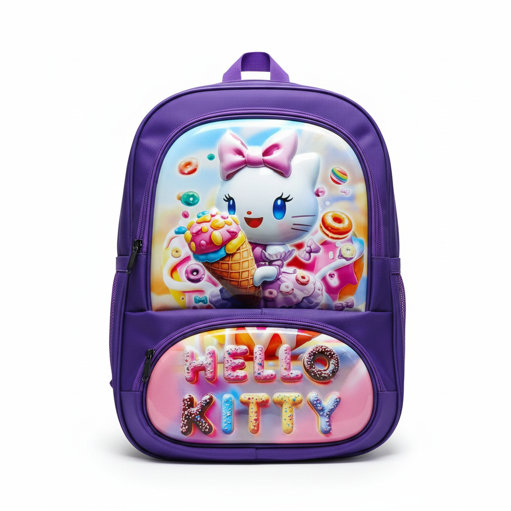 Fixed Price Shop purple Disney embossed school bag featuring a Hello Kitty graphic with ice cream and donut motifs.