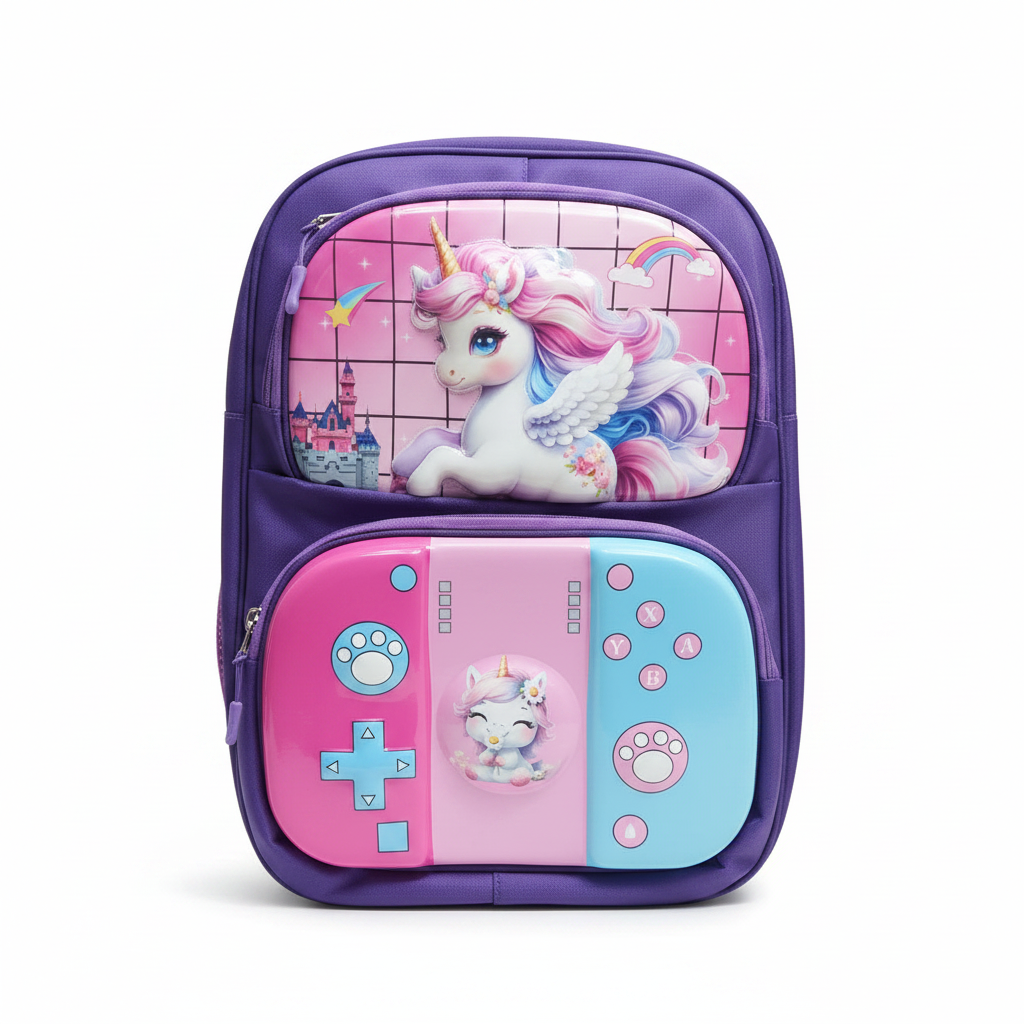 Fixed Price Shop purple school bag with embossed unicorn and game controller design, featuring multiple compartments.