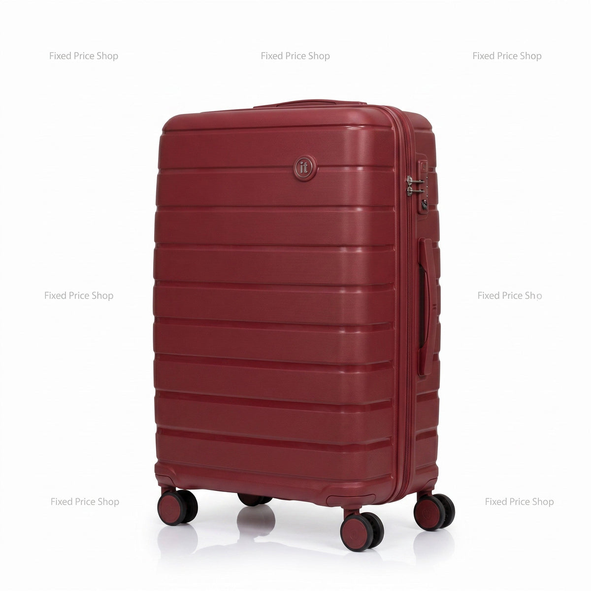 Fixed Price Shop red hard shell spinner suitcase with horizontal ribs and 360-degree wheels for travel.