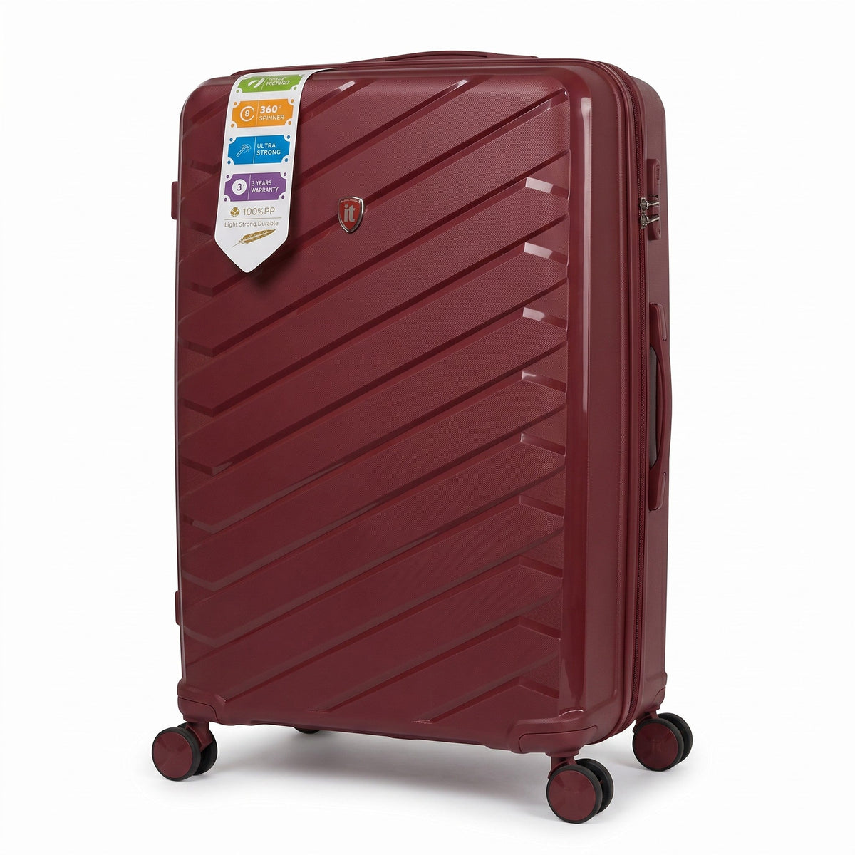 Fixed Price Shop IT Luggage deep red hard-shell trolley suitcase with diagonal grooves and 360-degree spinner wheels.