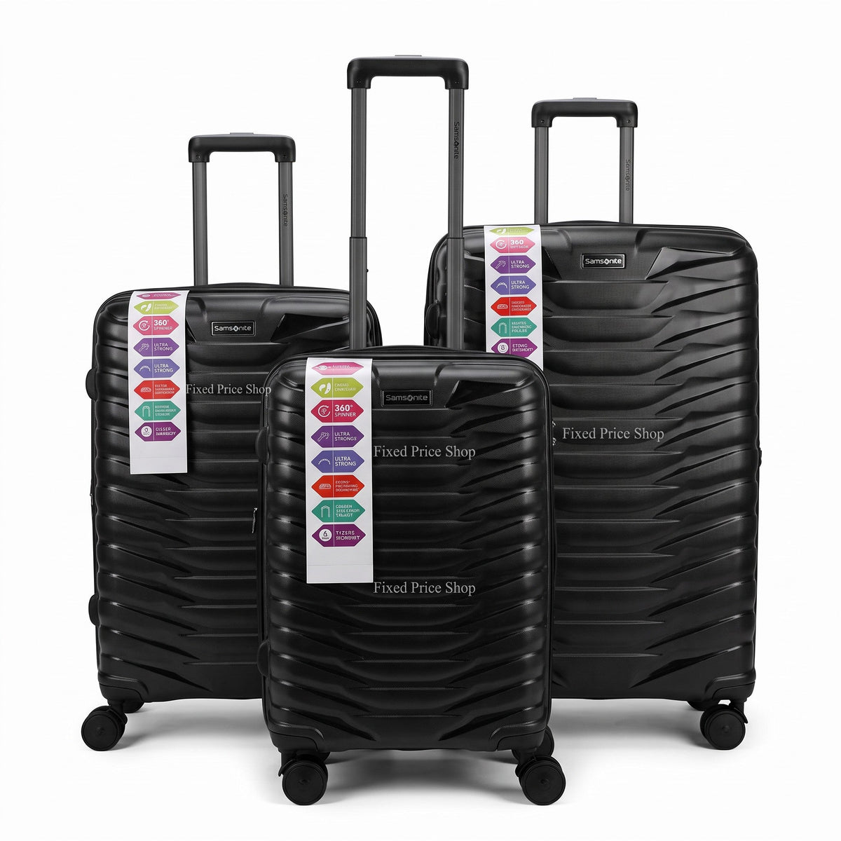 Fixed Price Shop Samsonite black PP luggage set with TSA locks, expandable zippers, and 360-degree spinner wheels.