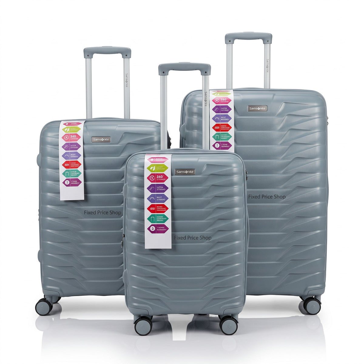 Fixed Price Shop Samsonite grey PP luggage set with TSA locks, expandable zippers, and 360-degree spinner wheels.