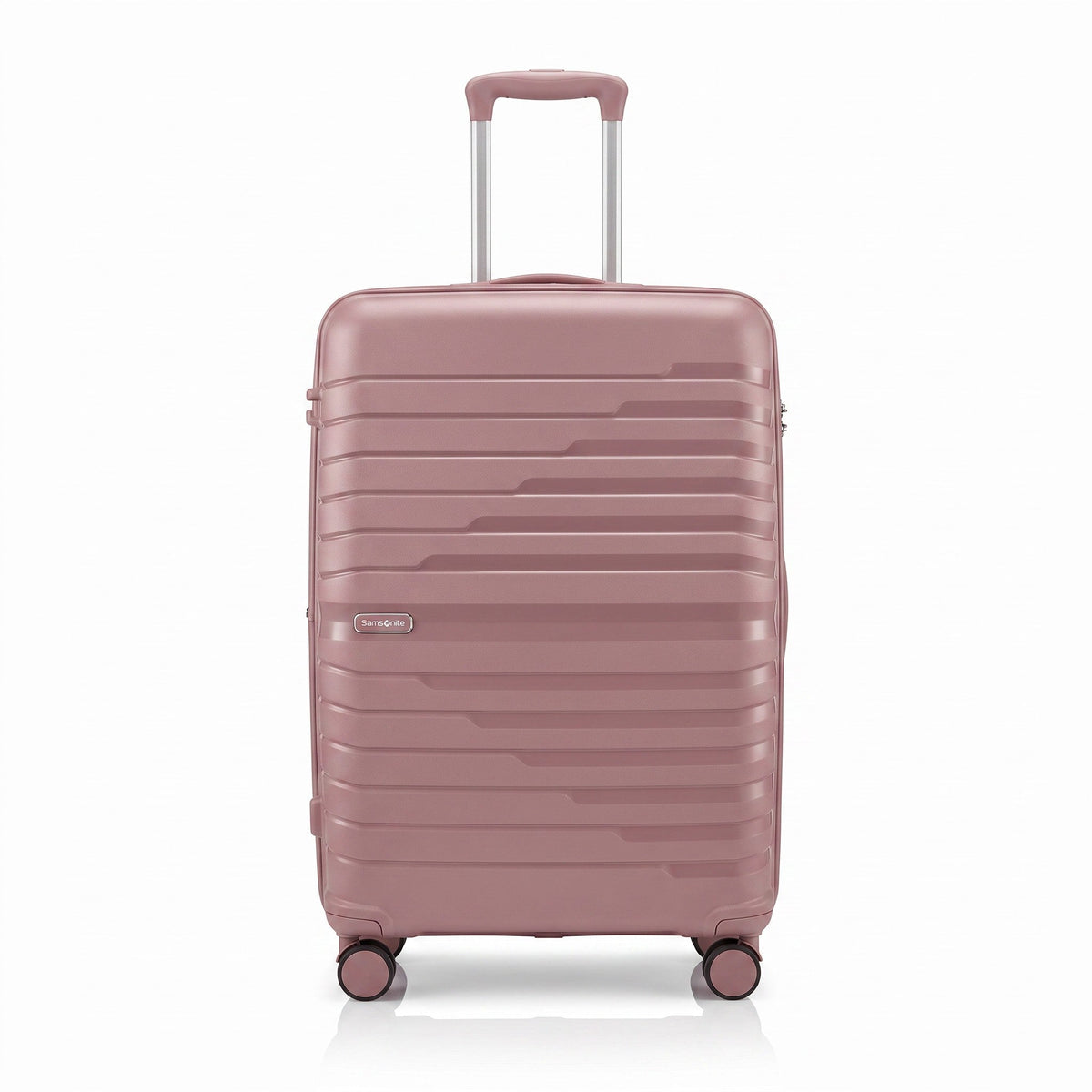 Fixed Price Shop Samsonite Series B pink PP plastic luggage with expandable zipper and TSA lock, front view