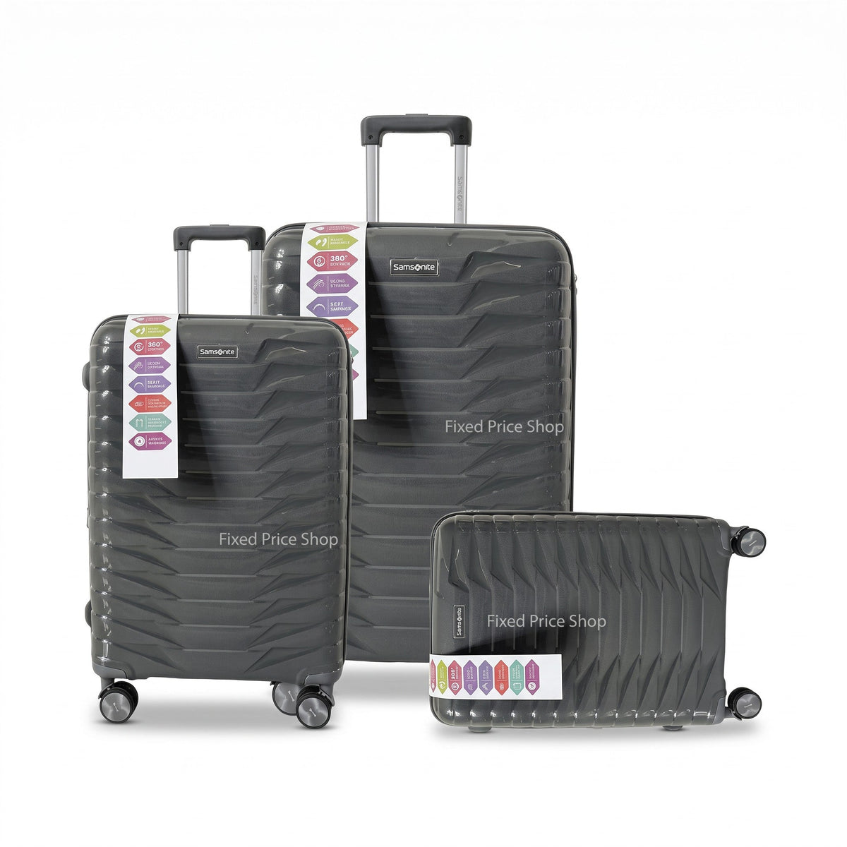 Fixed Price Shop Samsonite PP luggage set in dark grey with expandable zippers, TSA locks, and 360-degree wheels.
