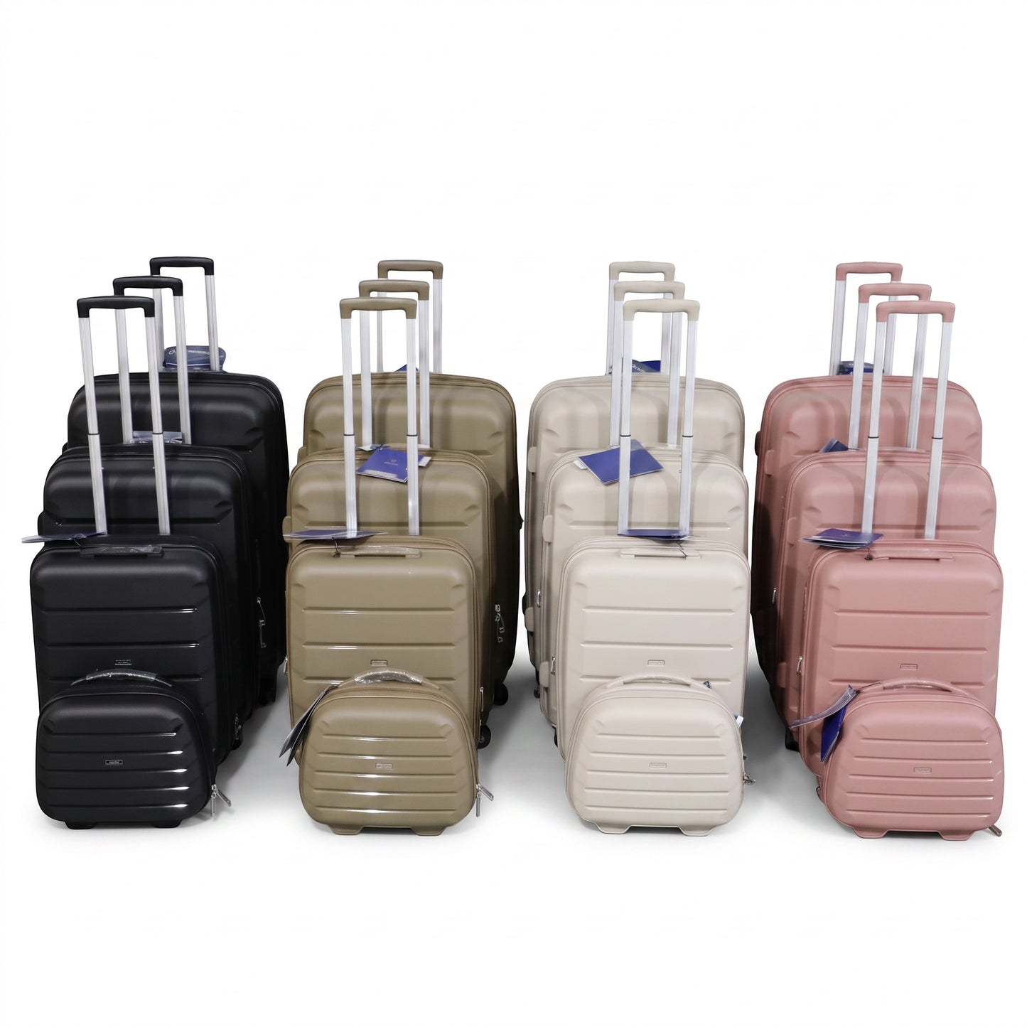 Fixed Price Shop Summit Luggage set in black, beige, cream, and pink with matching makeup cases and TSA locks.