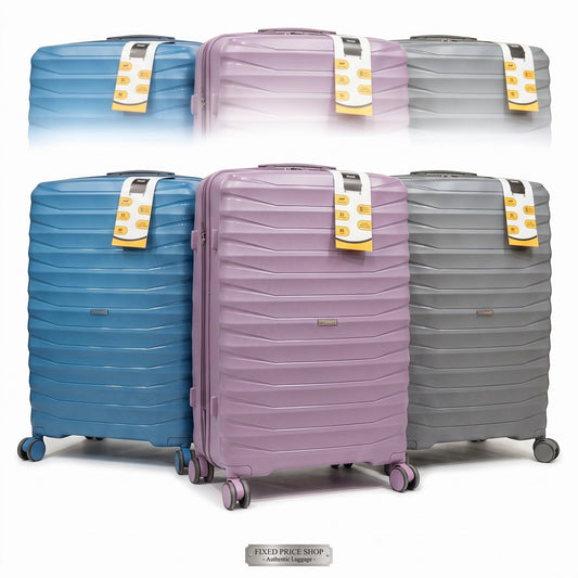 Fixed Price Shop Verage Pro suitcases in blue, purple, and grey durable PP material with 360-degree spinner wheels.