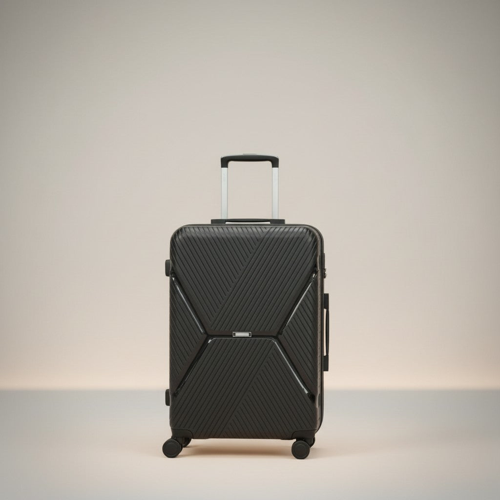 Black American Tourister 3-piece luggage set with TSA locks and expandable zipper, shown with a woman at an airport.
