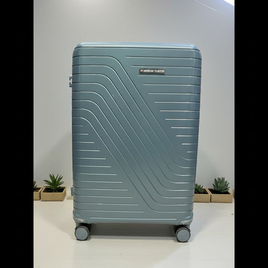Fixed Price Shop American Tourister light blue hardshell luggage with expandable zipper and TSA lock.